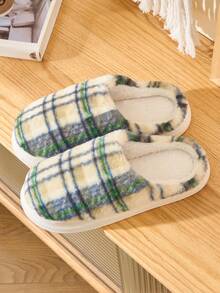 Grün karierte Retro Warm Hausschuhe, Damen Hausschuhe, einfache klassische Paare Schuhe, warm rutschfest und langanhaltend