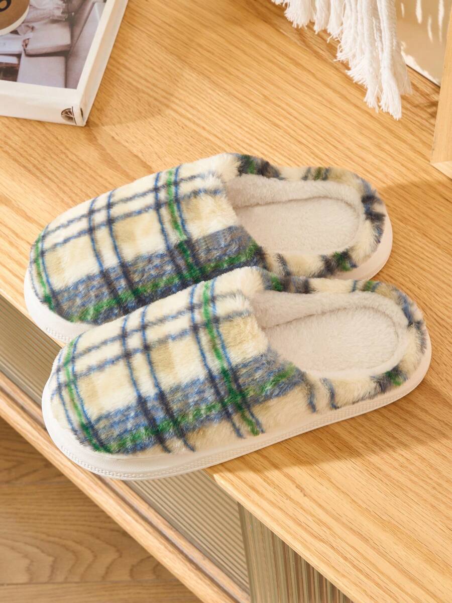 Grün karierte Retro Warm Hausschuhe, Damen Hausschuhe, einfache klassische Paare Schuhe, warm rutschfest und langanhaltend