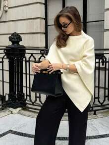 Áo len cape dáng suông, màu trơn, thanh lịch, vạt áo bất đối xứng, thích hợp cho mùa Thu/Đông. - Màu be - Xem 4