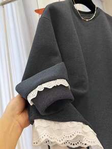Sudadera holgada de cuello redondo casual con encaje de contraste para mujer, parte superior de manga larga para otoño/invierno