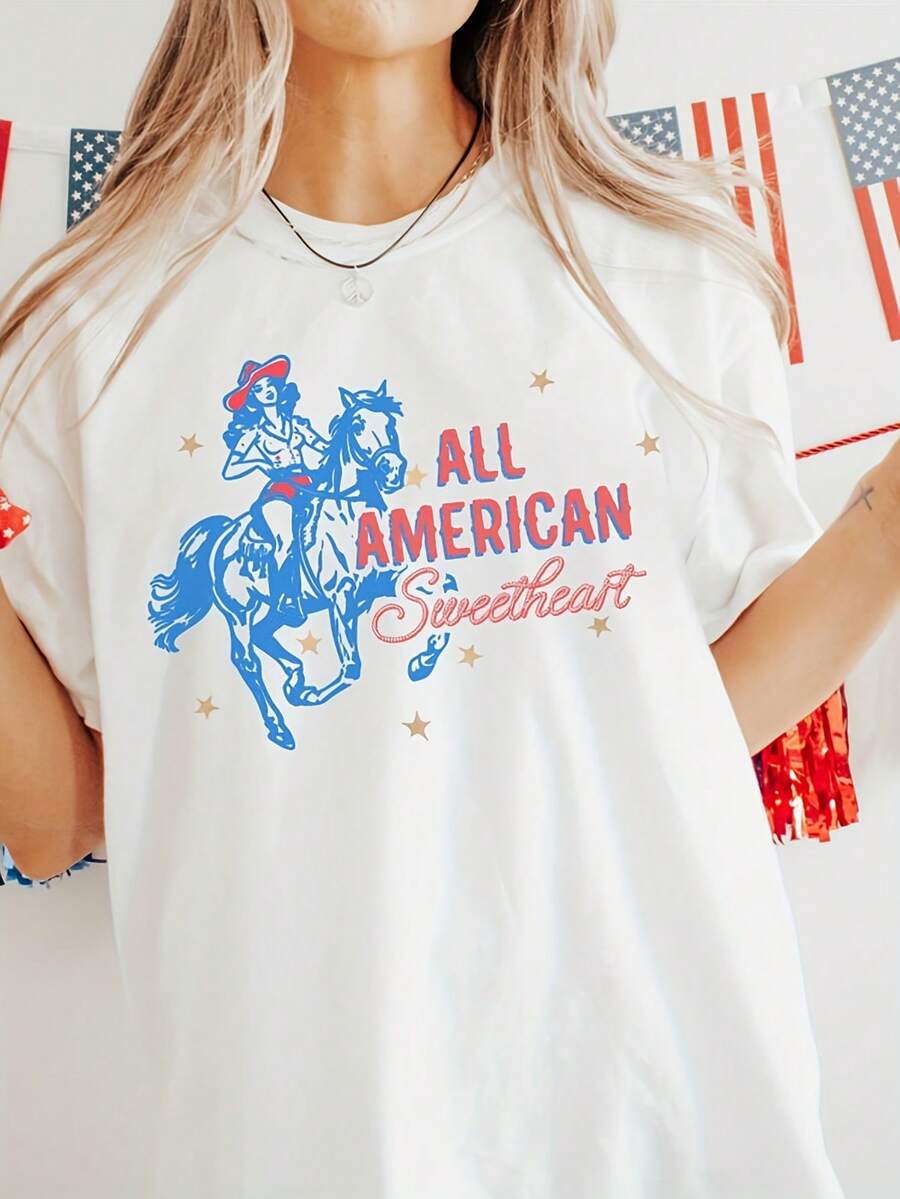 Sweetheart, July 4 Shirt, Patriotic Cowgirl, Fourth Of July Shirt, 4 Of July Shirt, Gifts For Her - Blanco - Ver 1