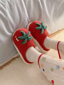 XIXITIAO 1 para uroczych płaskich kapci w kształcie papryczki chili dla kobiet, miękkie podeszwy, przytulne, pluszowe kapcie domowe, ciepłe, grube podeszwy, codzienne kapcie, odpowiednie na zimę, do domu, na imprezę - Czerwony - Zobacz 5