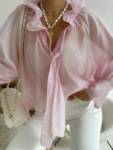 Leichte, transparente rosa Rüschen V-Ausschnitt Schleife Langarm elegante Bluse für Frauen, geeignet für Frühling/Sommer, Valentinstag - Pink - Übersicht 5