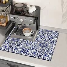 1 Stück Abtropfmatte für Küchentheken mit blauem Barock-Blumendruck, super saugfähig, kaschiert Flecken, Mehrzweckmatte für Ess- und Küchenbereich mit Gummirückseite, geeignet für Kaffeemaschine, Geschirrständer, Küchentheke, Kaffeetasse, Cut Out - HL  225 - Übersicht 2