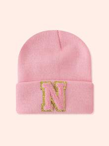 1 Stück Kinder Rosa 26 Buchstaben gestrickte Mütze, Kleinkind Jungen Mädchen warme Beanie Kappe, geeignet für Outdoor, Alltag, windundurchlässig & warm
