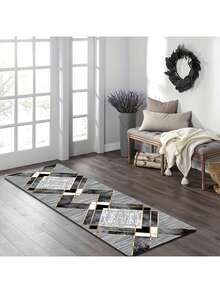 1PC Bohemian Vintage Long Runner Rug, Geometric Black & Gold Pattern, Stain-Resistant & Non-Slip, Crystal Velvet Grooved Carpet, Suitable For Decorating Bathroom, Bedroom, Hallway, Camping And Other Places - Multicolor - View 8