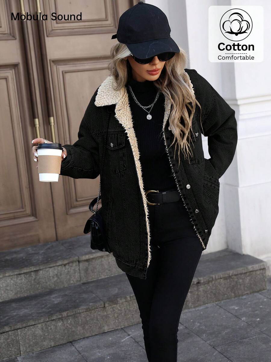 Mobula Sound# Middle East Versatile Casual Sports Fashion Women's Spring Autumn Winter Fleece Windproof Jacket, Blue Y2K Student College Young Style Denim Jacket