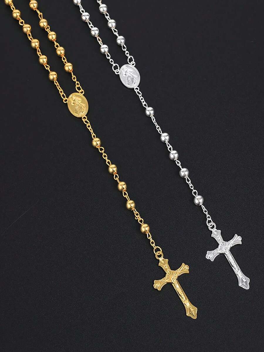 6mm Prayer Bead Necklace, Unisex, Long Gold And Silver Color Chain, Cross Pendant Necklace, Religious Prayer Accessory, Men's Necklace Gift - 6mm Rosary Necklace - View 1