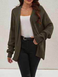 Cárdigan suelto con abertura lateral de unicolor casual, primavera/otoño - Verde Oscuro - Ver 5