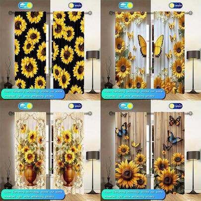 2 piezas Cortinas semitransparentes con estampado de girasol, diseño moderno para todas las estaciones, 100% poliéster, filtrado de luz, ojal para barra, fácil de colgar, adecuado para cocina, lavandería, dormitorio, estudio, sala de estar