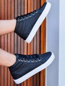 Kit 2 Pairs Women's Basic Star Casual Comfortable High-Top Sneakers Round Toe Lightweight Booties - 黑與白 - 查看 3