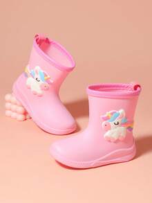 2025 New Children's Mid-Calf Rain Boots, Thick Warm Durable Rubber Boots With Cute Cartoon Unicorn & Rainbow Trim, High-End Rubber Shoes For Girls, Elementary School Students, Fresh Style Mid-Calf Rain Boots