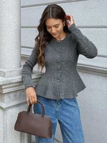 FOR BEAUTY 女士灰色圆领长袖收腰毛衣，新款休闲通勤开衫，时尚优雅简约外套，套头衫，新年必备 - 灰色 - 查看 5