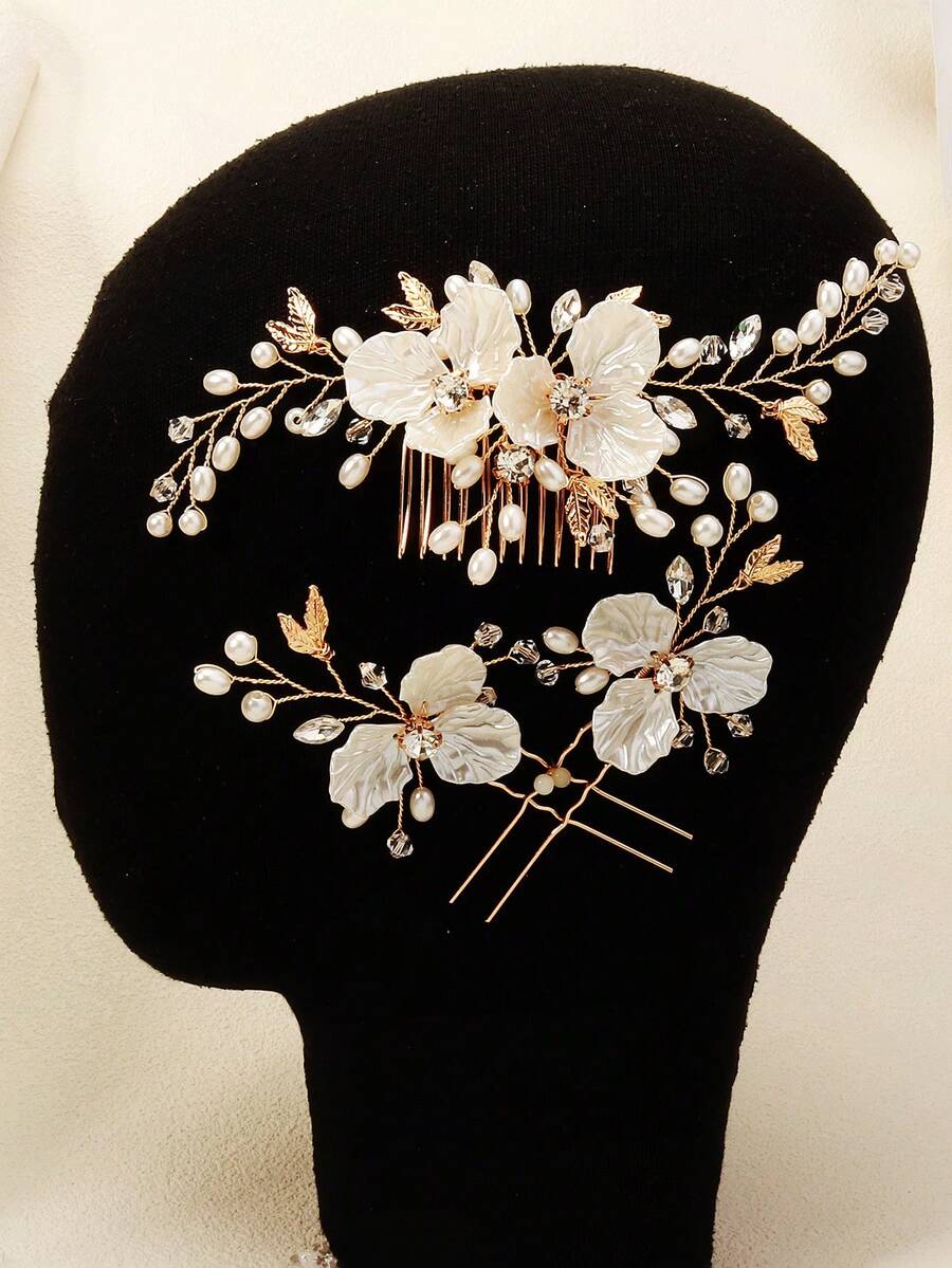 3件套女士珍珠水晶串珠手工发梳发夹套装，经典欧式新娘婚礼发饰情人节配饰