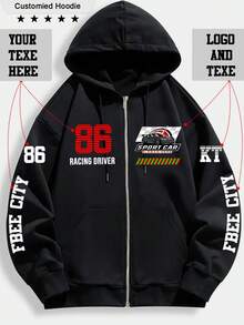 Customized Men's Hooded Sweatshirt, Zip-Up Hoodie, Personalized Logo Design, Racing Logo, Lucky Number, Work Uniform Logo, School Team Apparel, Advertising Print, Christmas Pattern, Halloween, Pumpkin, Skull, Thanksgiving Turkey, Team Logo, [Any Family, Pet, Friend Photos Can Be Customized], Autumn, Warm And Cozy, Long Sleeve Top - Black - View 1