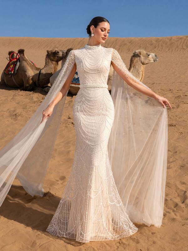 Faeriesty Haute Glamour Luxury Sparkly Beaded Sequin Evening Gown With Wave Pattern Embroidery & Crystal Accents - Tulle Cape Sleeves & Floor-Length Cascading Skirt For Galas, Wedding Banquets & High-End Red Carpet Events For Women