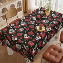 1 pièce Nappe en polyester noir avec motif squelette, motifs de crânes, fleurs et cœurs. Nappe rectangulaire/carrée imperméable, anti-taches et sans plis. Pour la décoration intérieure et extérieure, maison, chambre, salle de bain, cuisine et salle à manger. Idéal pour Halloween, Noël, mariage, anniversaire, fête, pique-nique et autres occasions festives.