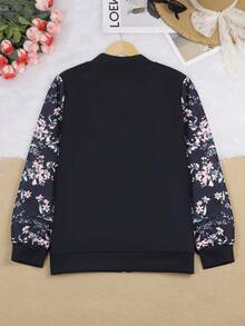 Plus Women's Floral Print Zipper Jacket - Navy Blue - View 2