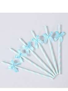 30/50 Stück hellblaue gestreifte Papierstrohhalme mit Satinschleifen, geeignet für Baby-Shower, Geburtstag, Hochzeit, Braut, Schmetterlings-Themen-Party, Teenager-Übernachtungsparty, Partydekorationen - Babyblau - Übersicht 5