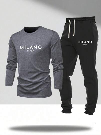 2 件男士休闲装 - 薄款长袖 T 恤和抽绳腰裤套装，带字母印花，适合户外休闲，是送给丈夫或男朋友的绝佳礼物