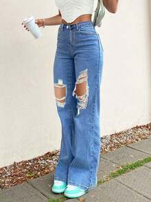 Pantalones Vaqueros Rectos con Rotos - Tiro Medio, Lavado Clásico - Azul lavado medio - Ver 3
