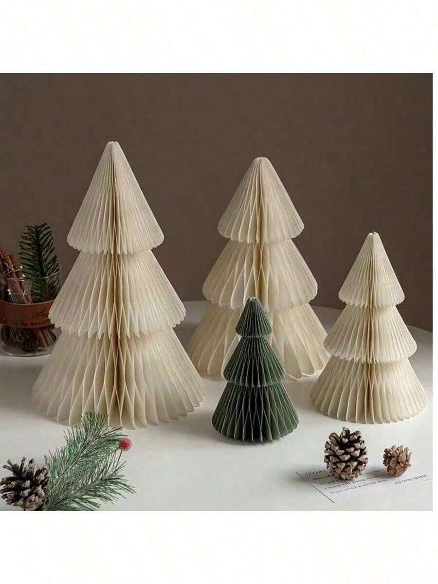 Juego de 3 piezas de decoración de escritorio de árbol de Navidad de papel en forma de panal 3D, bola de flores de papel 2025 para decoración de centro del hogar, oficina, cocina, fiesta festiva, decoración multifuncional para boda, cumpleaños y actividades estacionales, decoración de mesa para fiesta de Año Nuevo