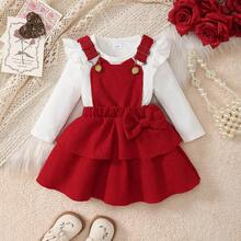 Ținută pentru bebeluși de fetiță, 2 buc., top minimalist și drăguț, cu dungi albe, mânecă scurtă, fundă 3D roșie și fustă cu fundă roșie în straturi, ținută de zi cu zi pentru primăvară/toamnă - roșu - Vizualizare 3