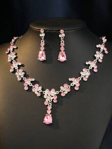4件套优雅水钻女王皇冠项链套装，新娘婚礼头饰配饰，巴洛克风格珠宝，适合各种活动和派对，情人节配饰 - 粉色 - 查看 3