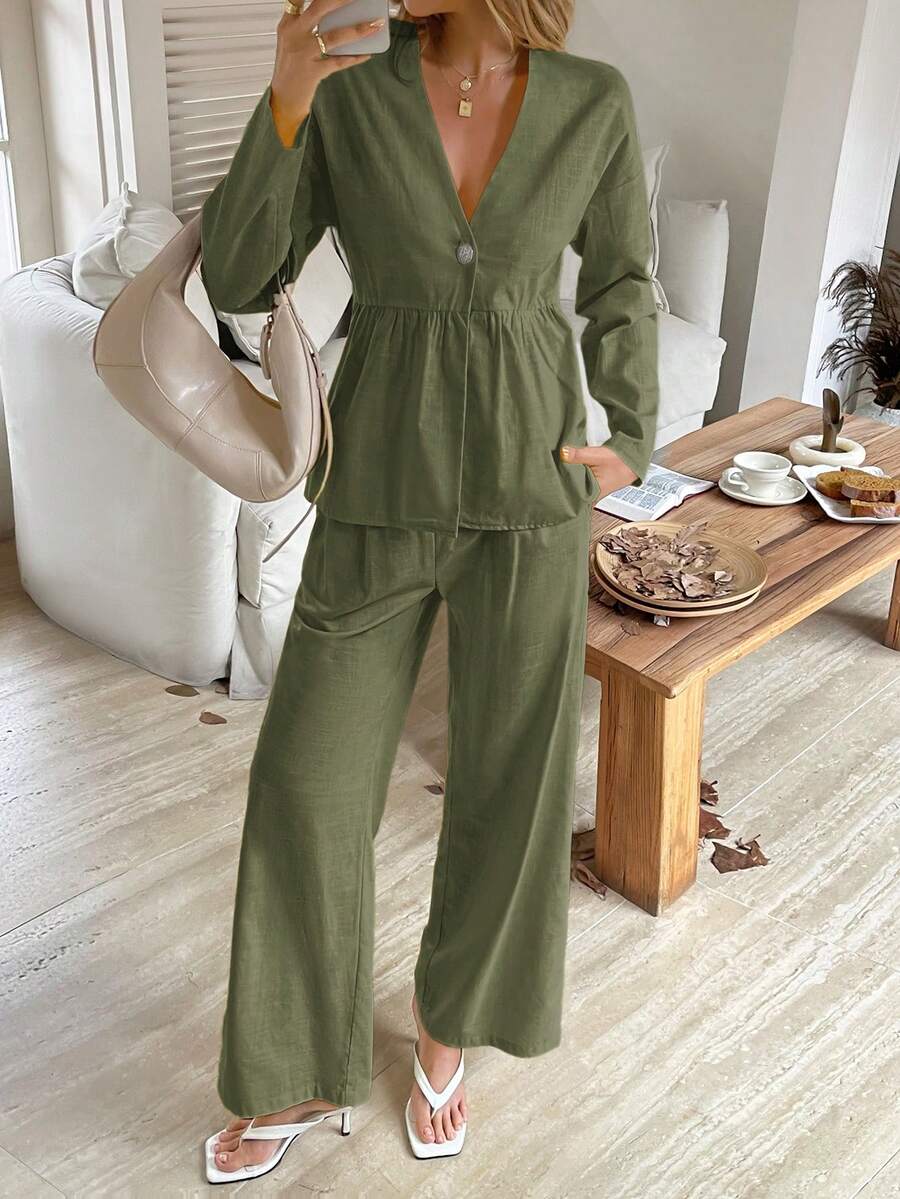 Look Polly Women's Fall Women Clothes Winter Clothes Back To School Old Money Cute Tops Women Leisure Vacation Simple Solid Color Single Breasted Button Butter Yellow Traceable Cotton Women Two Pieces Set Halloween Clothes Women Button Up Shirt Women Clothes For New Year Elegant Women's Set Beach Set