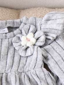 2 件套女婴休闲花卉 3D 盖袖上衣和打底裤套装，春秋 - 淺灰色 - 查看 4