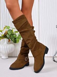 Kozaki do kolan w stylu western, damskie płaskie kozaki do połowy łydki na grubym obcasie, w jednolitym kolorze, plisowane kowbojki, luźne buty, kozaki do uda, kozaki z paskiem na klamrę, duże rozmiary, wysokie kozaki z okrągłym noskiem, khaki kozaki do kolan