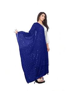 Themilestocks Woman's Embroidered Chiffon Dupatta Scarf Shawl Wrap Soft  Bridal Weddinghalloween - Xanh đậm - Xem 3