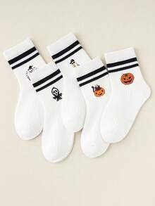 1/5 Pairs, Kids Style, White, Halloween Themed Prints (Ghost, Pumpkin, Grim Reaper), Black Striped Cuff, Breathable And Sweat-Absorbent, Fun Halloween Style, Mid-Calf Socks, Perfect For Halloween Parties, Trick Or Treat, Autumn Daily Wear, School Activities, Birthday Gifts, Halloween Season, Horror Movie Fans, Kids Fashion. - Multicolor - View 4