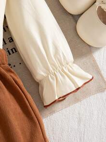 Herbst/Winter Baby Mädchen süßer Rundhals brauner Flügelärmel Rüschen Langarm Top mit brauner Schleife Deko & brauner Vintage Stil Rock