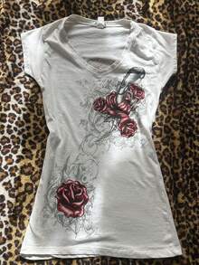 Y2k Fairy Grunge Clothes For Women Emo 2000s Floral Print Tees Shirts Vintage Punk Tops Fairycore Aesthetic E-Girls Clothes Streetwear - 白色 - 查看 3