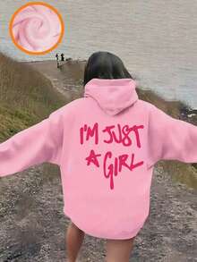 Sudadera con forro térmico con estampado del lema "SOY SOLO UNA CHICA" para niña preadolescente, parte superior cálida y cómoda para otoño/invierno - Rosa - Ver 8