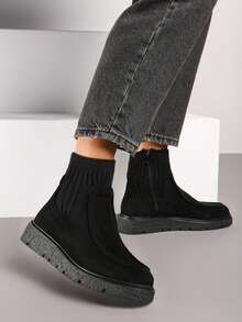 Low Wedge Ankle Boots In Faux Suede With Sock Uppers - Black - View 1