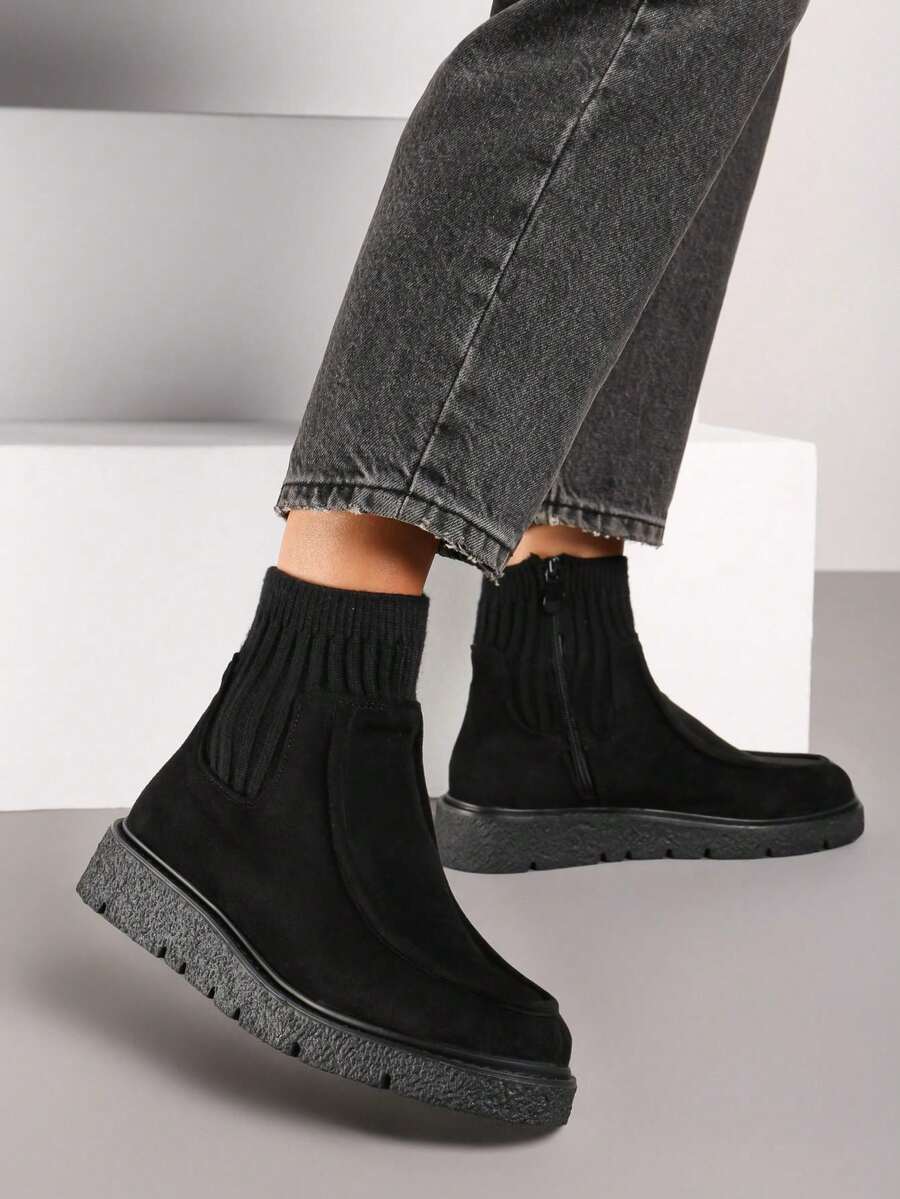 Low Wedge Ankle Boots In Faux Suede With Sock Uppers - Black - View 1