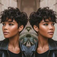 Layered Short Loose Wave Pixie Cut Human Hair Wig For Women Natural Black Colored Human Hair Wig With Bangs Remy Peruvian Human Hair Wig Rose Net Full Machine Made Holiday Wear Party Wear Music Festival Mother's Day Carnival Valentine's Day Halloween All Saints' Day Christmas Day Cosplay Spring Summer Autumn Winter Local Warehouse Wear And GO New Product Discounts Wigs For Black Women - Natural Black - 查看 6