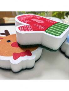 4 piezas de esponjas absorbentes y antiadherentes para lavar los platos con temas navideños - patrones festivos de copos de nieve, renos y manoplas de muñeco de nieve, herramientas de limpieza reutilizables para cocina y baño, decoración del hogar de temporada