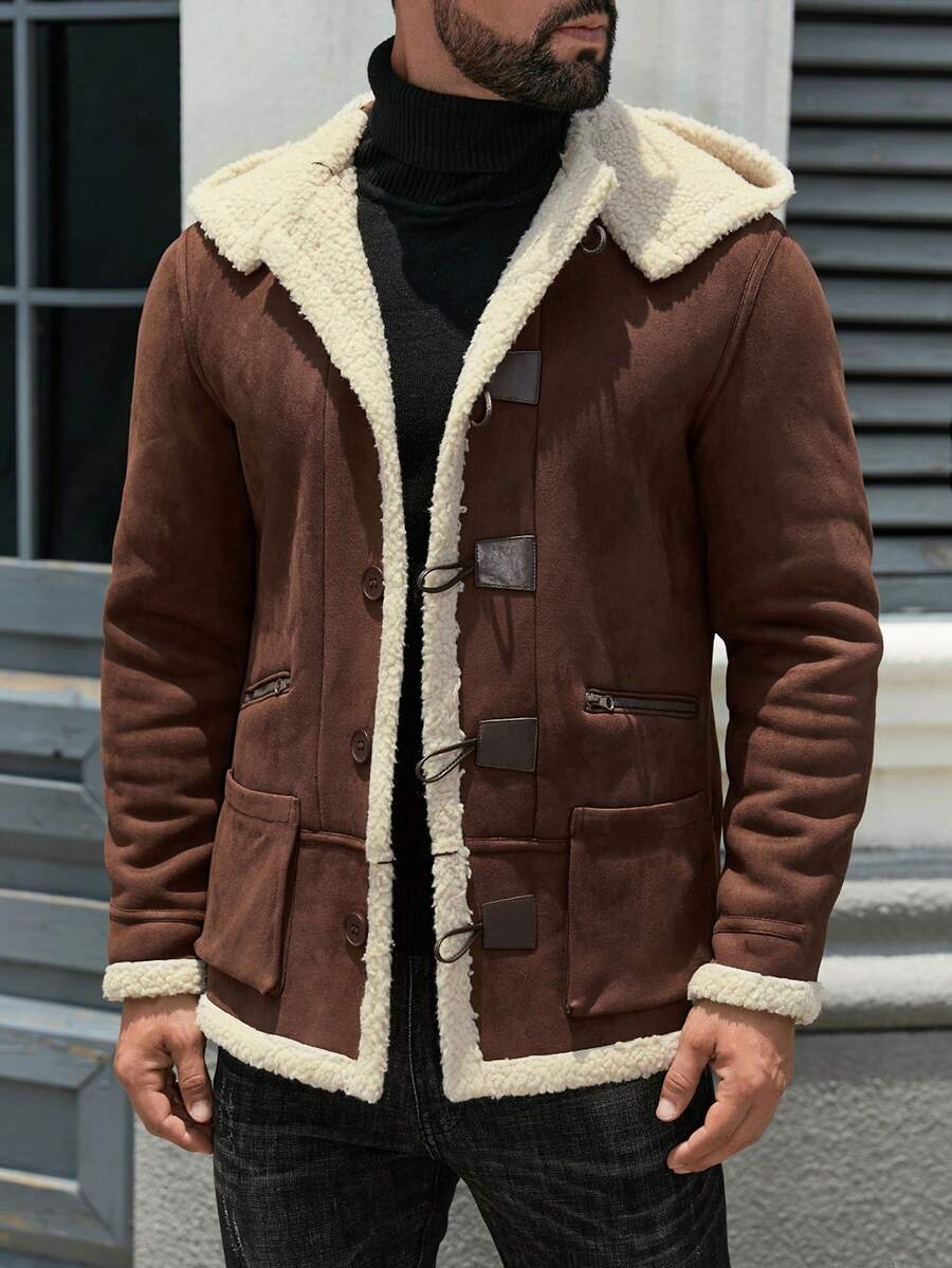 Jaqueta casual masculina de abotoamento simples, quente e à prova de vento para outono/inverno - Castanho Café - Ver 1