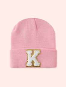 1pc Pink Children's Hat With 26 Letters, Knitted Beanie For Baby Boys And Girls, Warm For Outdoor And Daily Wear - Gold Label-pink Fluorescent Cap - View 98
