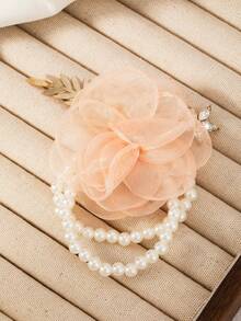 Pearl & Golden Leaf Chiffon Camellia Flower Wrist Corsage, Elegant & Fashionable Bridesmaid/Party Bracelet - Style 2 - View 1