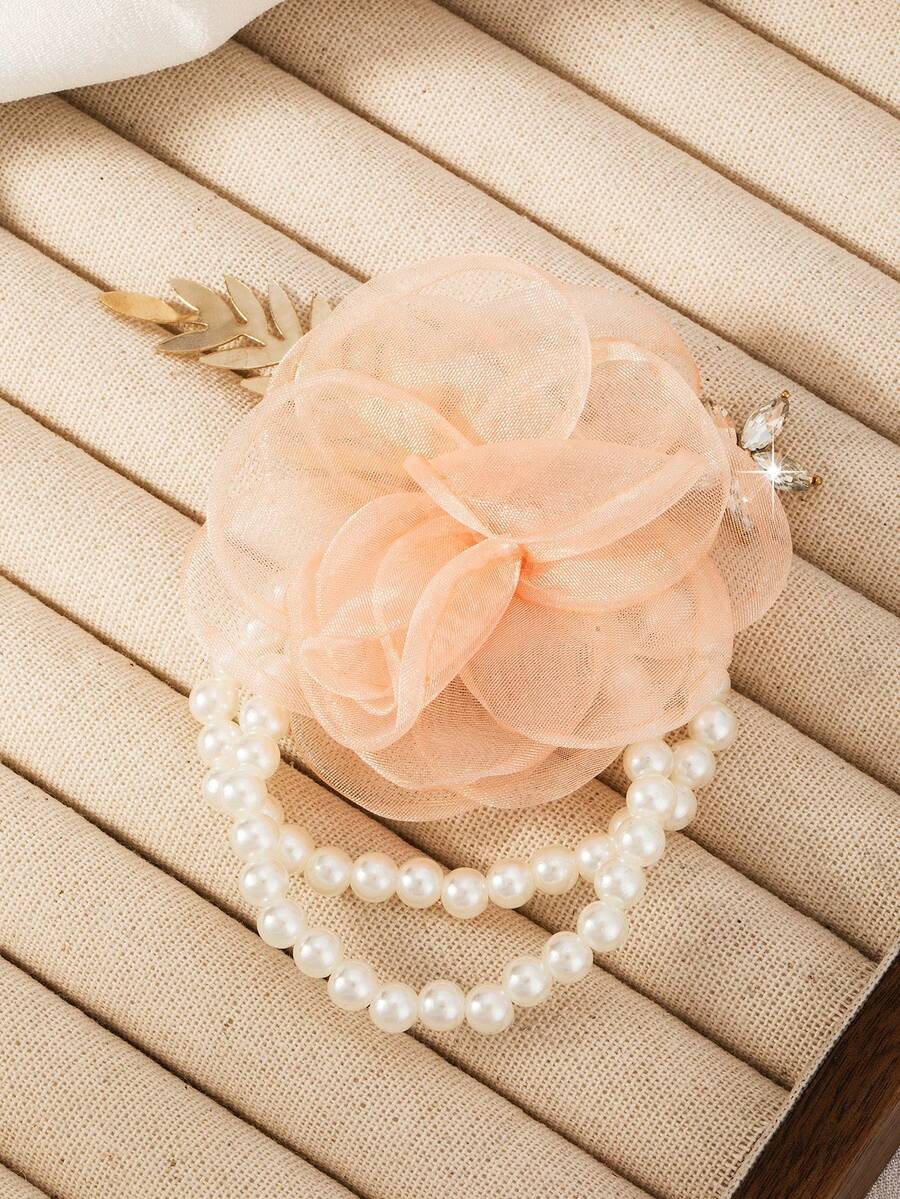 Pearl & Golden Leaf Chiffon Camellia Flower Wrist Corsage, Elegant & Fashionable Bridesmaid/Party Bracelet - Style 2 - View 1