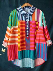 Camisa de lino con estampado de rayas de colores arcoíris y bajo asimétrico para mujer de talla grande, primavera - Multicolor - Ver 3