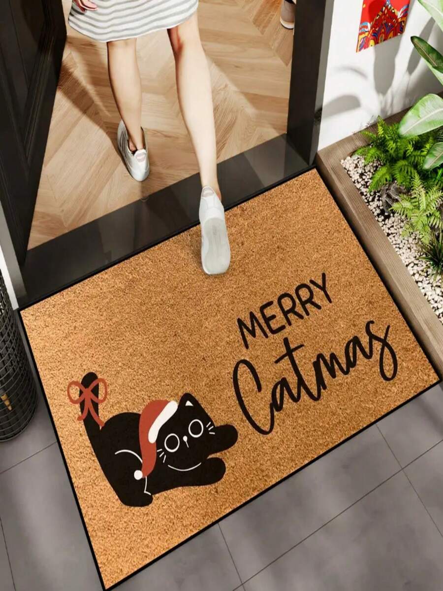1pc New Holiday Decor - Christmas - Cute Cat Print Pattern Small Rug - 100% Polyester Material, Machine Washable Durable, Stain Resistant, Quick Drying, Suitable As Indoor Doormat