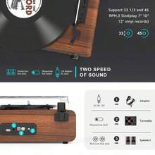 Vinyl Record Player With, All In One 3Speed Vintage StereoTurntable With Speakers, Brown