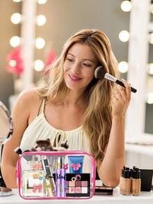 PVC材质发饰洗漱包，PVC旅行收纳包，拉链封口 - 轻便防褪色化妆洗漱包，女士/女孩适用，TSA认证便携式化妆箱，易于擦拭清洁，科技感十足的收纳包 | 现代美学 | 防褪色材质，旅行必备，假日度假包，上学化妆包，邮轮旅行必备，浴室洗漱包，大容量