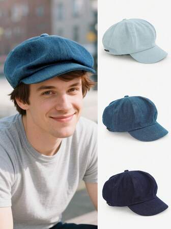 1pc Unisex Solid Color Beret Hat, Casual Newsboy Cap With Letter Leather Patch Decor, Suitable For Autumn/Winter Everyday Wear, Great As Gift