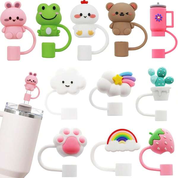 1/11pcs Cute Animal Silicone Straw Cover For Cup, Silicone Straw Topper For Cup 30&40oz With Tumblers, 10mm 0.4in Lid Accessories (Reusable)